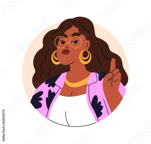 Young sassy woman avatar. Cool modern girl with self-confident arrogant face expression, head portrait in circle. Fashion female in eyeglasses. Flat vector illustration isolated on white background