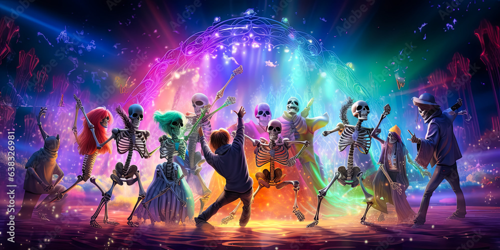 Obraz premium illustration of festive dressed skeletons at ball, costume Halloween party