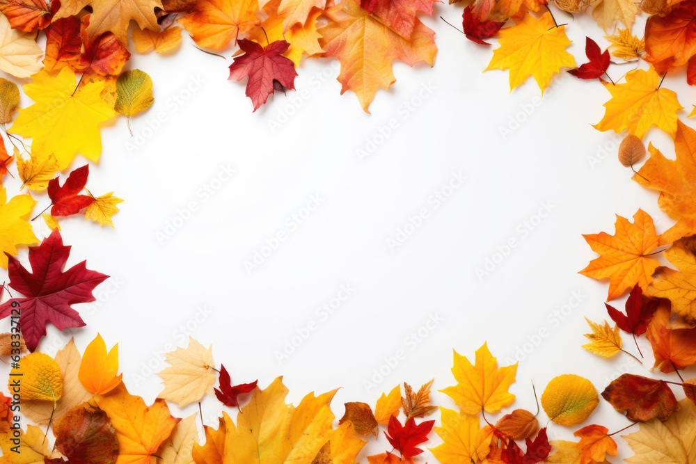 White background, Frame with many autumn leaves. Image to announce that there is an event, copy space.