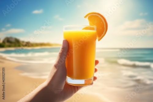 hand holding glass of orange juice on beach