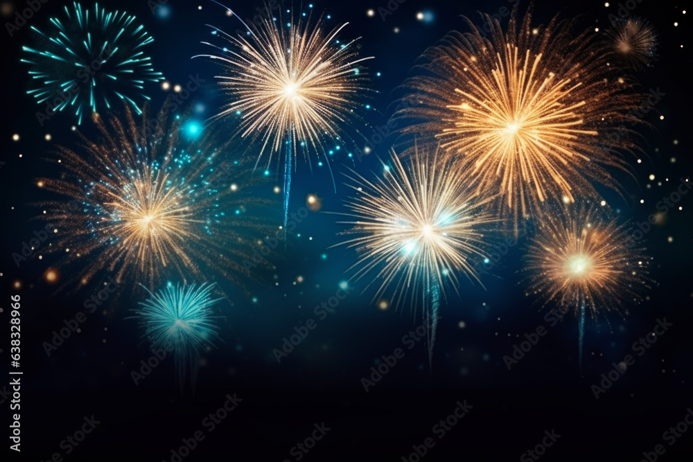 Brightly colorful fireworks over night sky, Happy new year celebration background