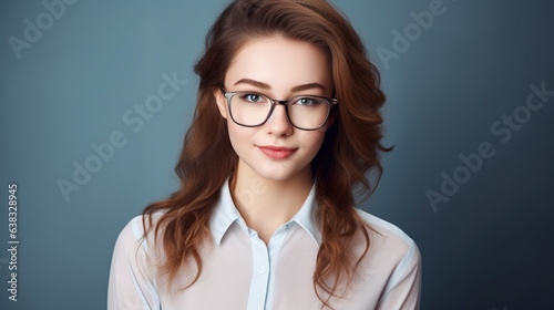 AYoung beautiful woman isolated portrait. Student girl wearing glasses closeup studio shot, Young businesswoman smiling indoor, People, beauty, student lifestyle
