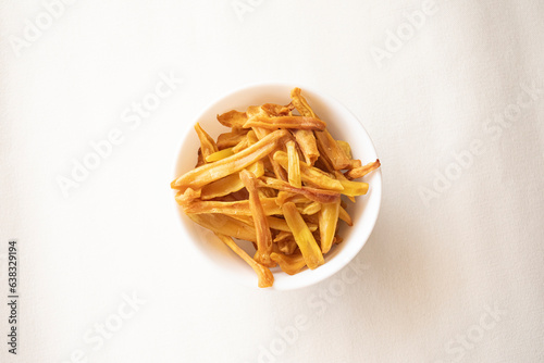 A bowl of crispy Jack fruit chips an Indian snack most famous in south India 
