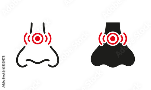 Allergy, Cold, Rhinitis Line and Silhouette Black Icon Set. Human Nasal Problem. Runny Nose, Congestion Pictogram. Inflammation, Nasal Sick, Pain Symbol Collection. Isolated Vector Illustration