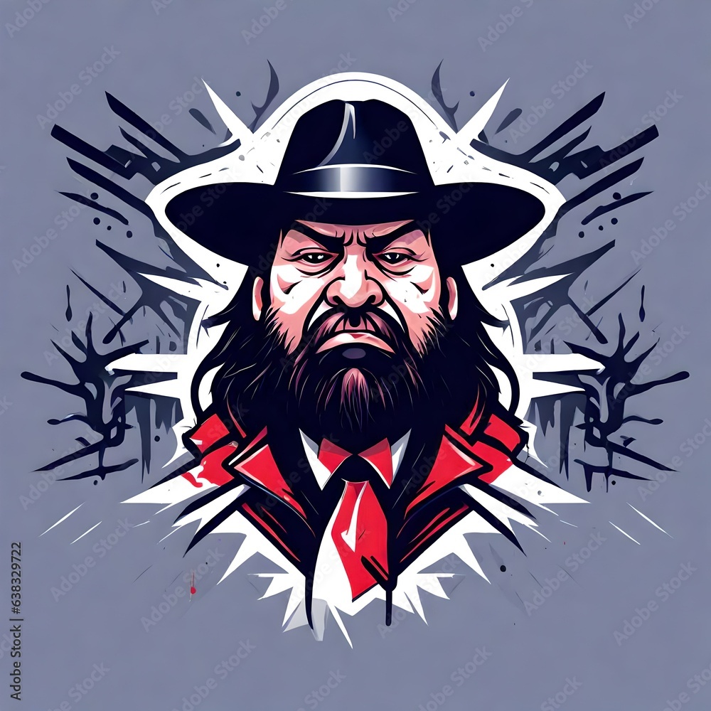 A logo for a business or sports team featuring a fictional caricature of a mean mob mafia boss that is suitable for a t-shirt graphic.