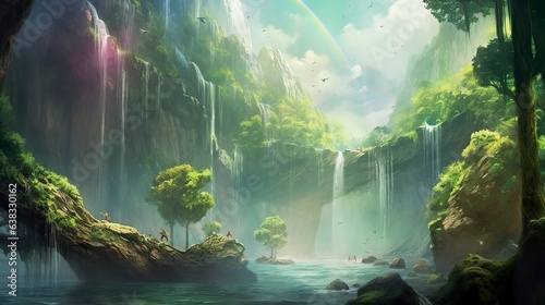 waterfall in the middle of the wonderland landscape. 