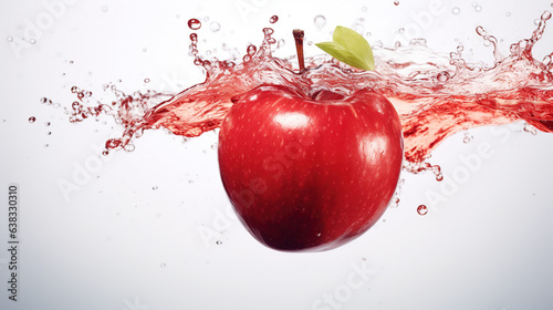 A bright Red Apple floating in the air. Surrounded by lively Fruit Juices The white Background provides a stark Contrast that emphasizes the Vividness of the red fruits and bright splatters of juice.