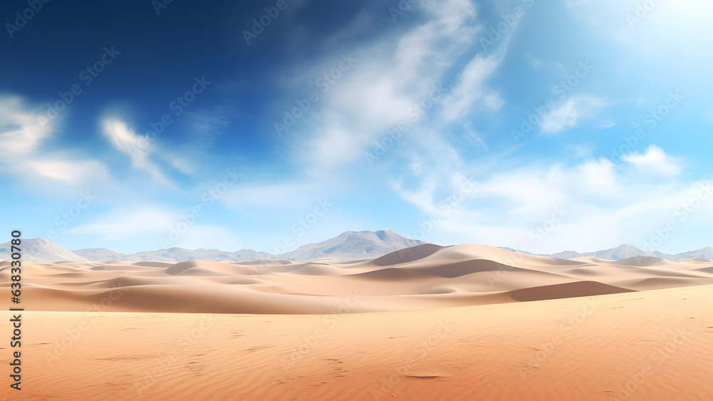 A desert scene with sand dunes and mountains in the distance, neural network generated image A desert scene with sand dunes and mountains in the distance, neural network generated image
