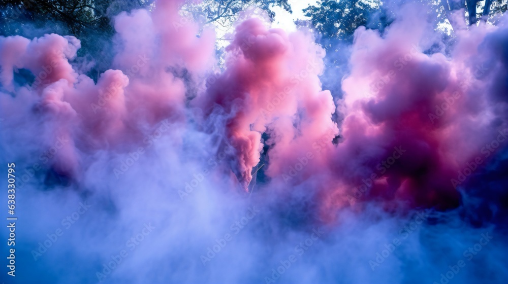 Mauve & Dusty Blue Smoke Bombs: Ethereal Twilight Enchantment with Harmonious Colors. Generative AI