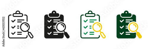 Clipboard with Magnifying Glass Line and Silhouette Icon Set. Study and Research Symbol Collection. Clip Board and Check List Pictogram. Checklist and Application Form. Isolated Vector Illustration