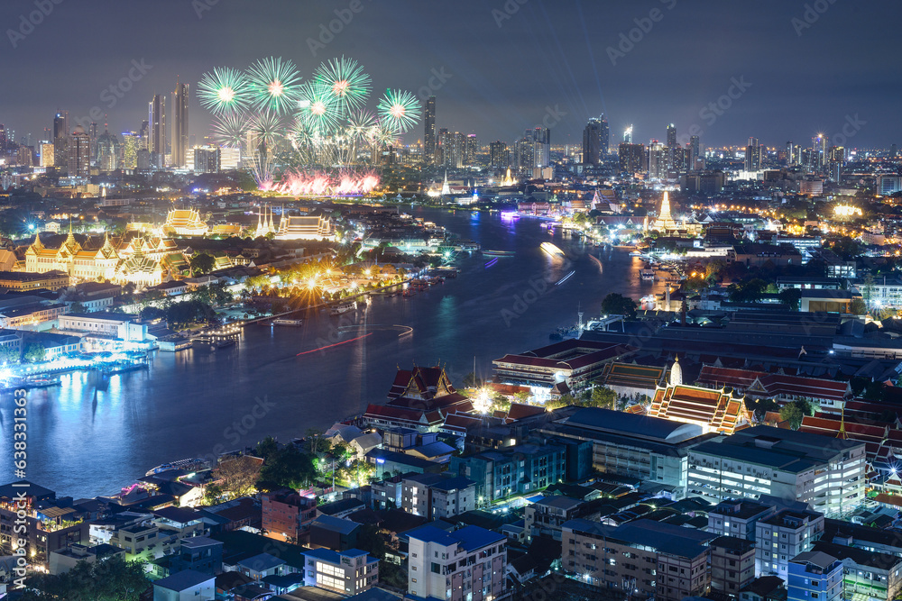 Fireworks show in Bangkok, view of Wat Phra Kaew