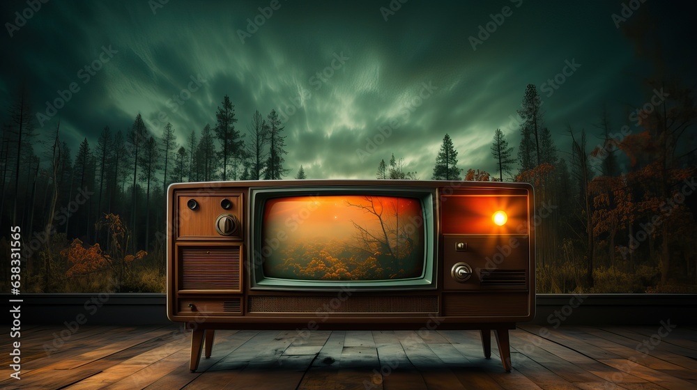 TV des années 60 vintage dans une pièce rétro, ia générative - obrazy, fototapety, plakaty 