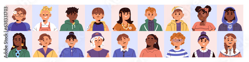Happy children avatars set. Various boys and girls faces, different kids head, young people portraits, multinational pupils smile, child in glasses for profile. Flat isolated vector illustration