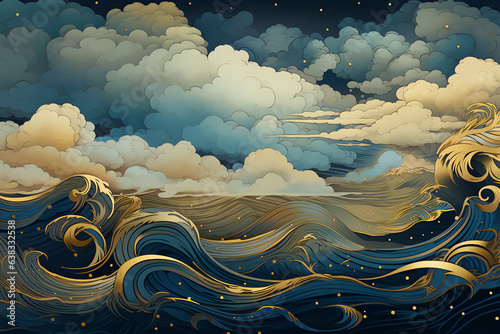 Abstract sea background with clouds, sea landscape, night, stars in the sky, greek mythology style, japanese woodblock art Design, Generative AI