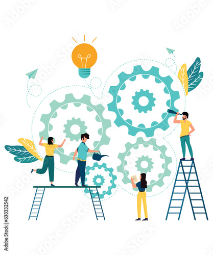 Flat Art Of 4 People Working On An Idea With Gear Vectors