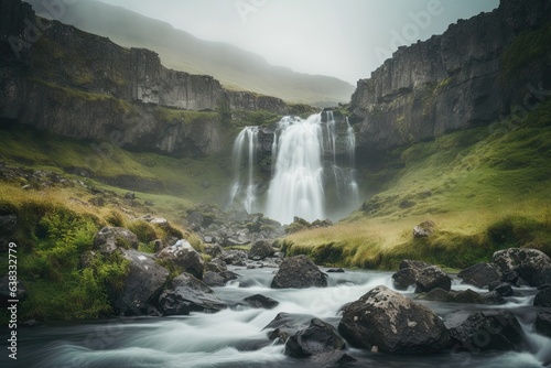 Icelandic elegance. Captivating waterfall amidst nature beauty. Majestic in heart of iceland. Epic adventure. Exploring breathtaking landscape © Bussakon