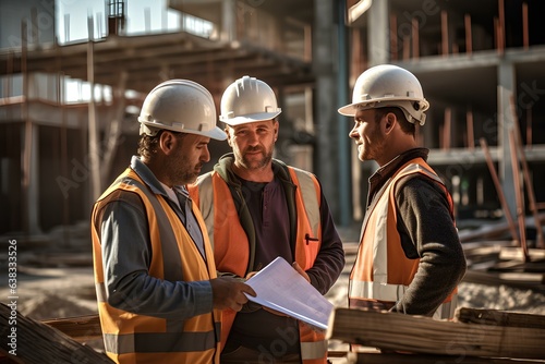 A group of construction workers in helmets, engineers, an architect or a foreman discuss the approval of the project, monitor or inspect further work.