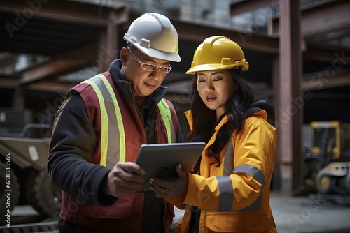 A man and a woman in helmets, construction workers, engineers, an architect or a foreman discuss the approval of the project, monitor or inspect further work.