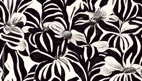 Ikat seamless pattern. Fancy textile design. Vector illustration in white and black colors. Tapestry print in ethnic style.