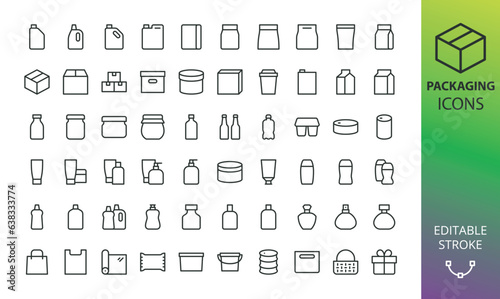 Packaging and containers isolated icons. Set of cardboard boxes, bottles, cosmetic package, plastic can, liquid canister, food packaging, glass jar, scratch film roll, plastic bag vector line icon