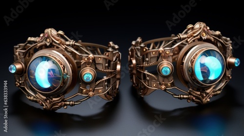 Retro-futuristic jewelry with holographic gems and ornate mechanical patterns | generative ai