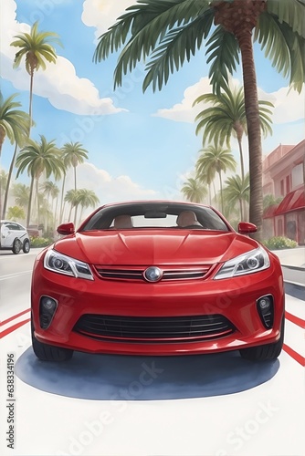 Modern car with palms on the background. AI generated illustration © vector_master