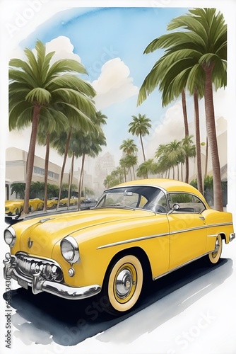 Painting of car with palms on the background. AI generated illustration