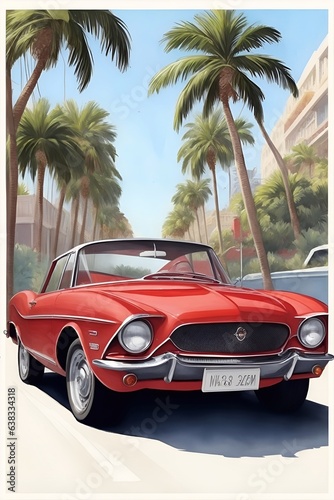 Painting of car with palms on the background. AI generated illustration