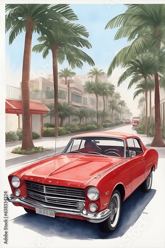 Painting of car with palms on the background. AI generated illustration © vector_master