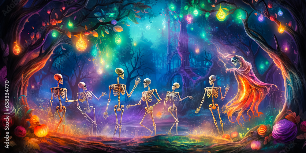 illustration of skeletons which dancing on Halloween disco party