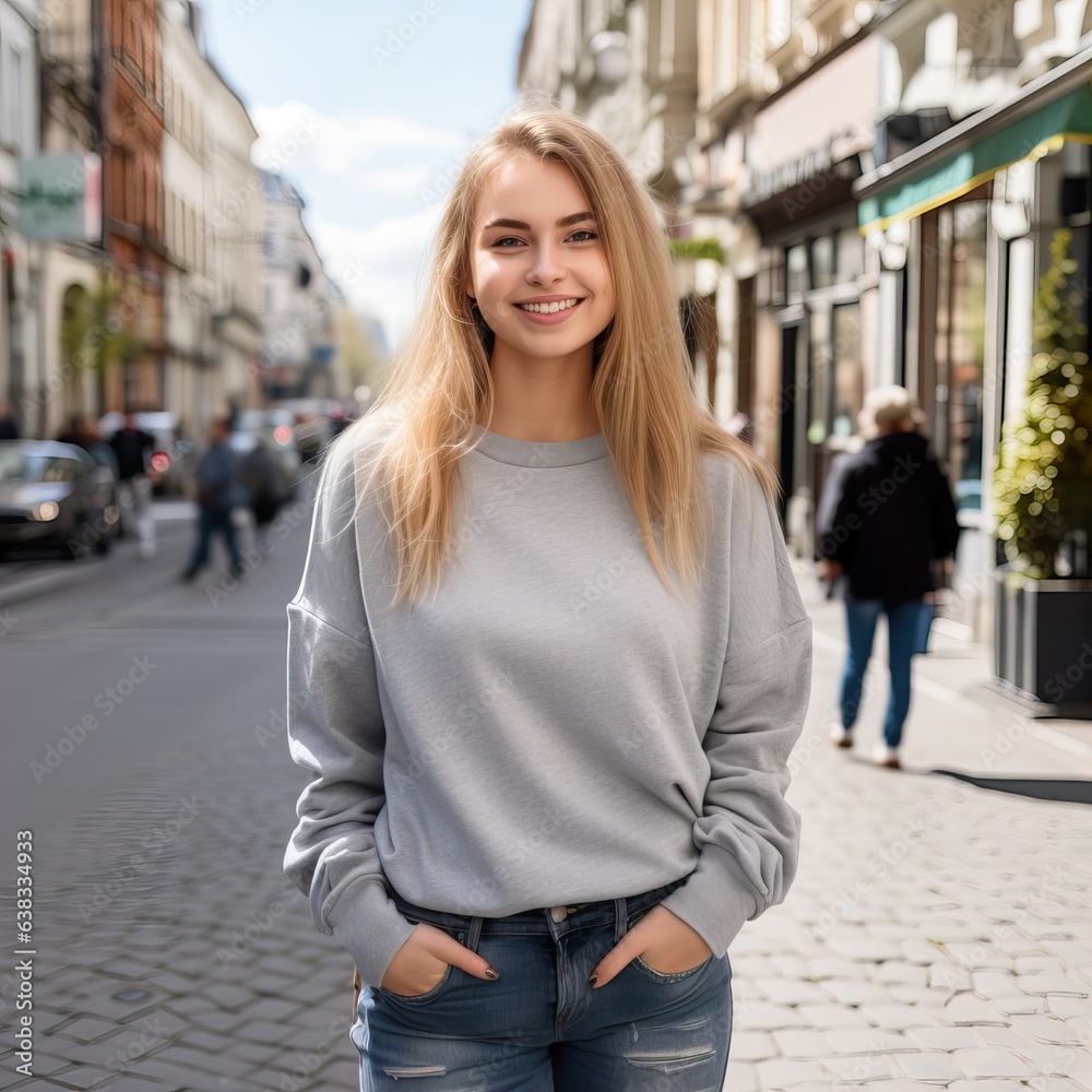 Beautiful young lady dressed in gray sweater, commercial sweatshirt mock-up, smiling blonde woman standing in the street