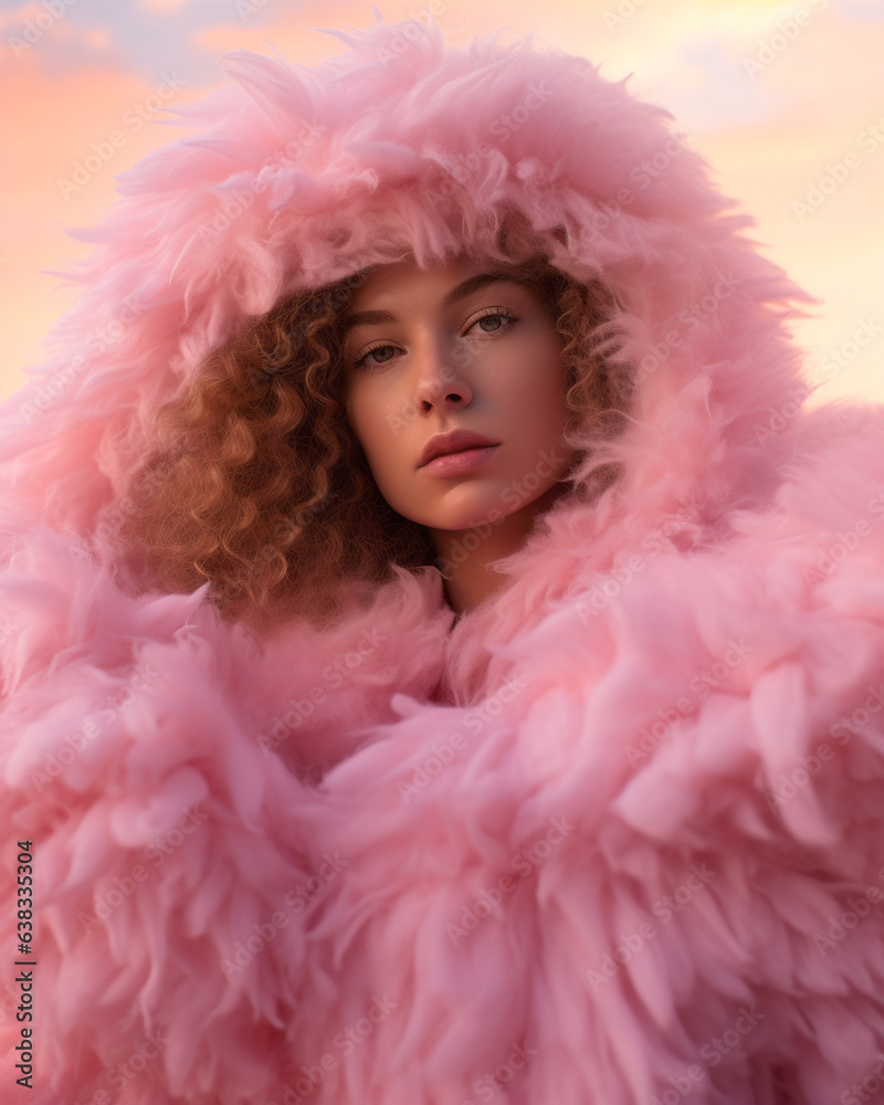 Futuristic beautiful portrait of a blonde woman in a surreal dreamy cloud punk setting with a huge oversized pink fur jacket on the pastel beach. 