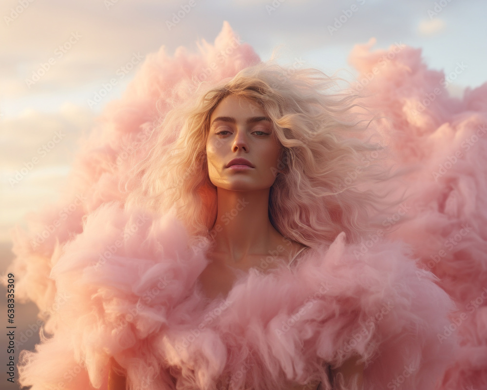 Futuristic beautiful portrait of a blonde woman in a surreal dreamy cloud punk setting with a huge oversized pink fur jacket on the pastel beach. 