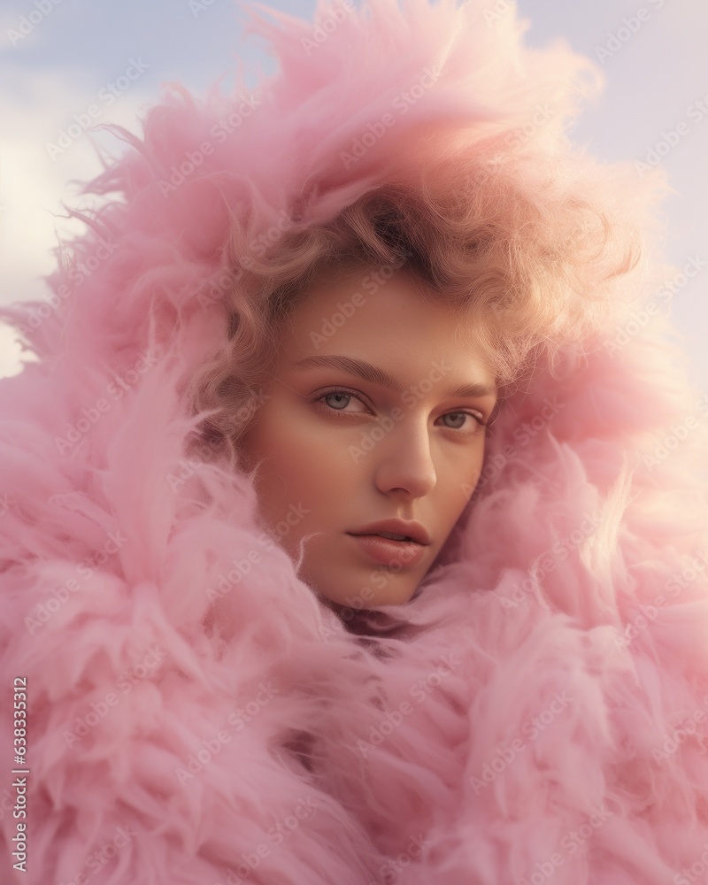 Futuristic beautiful portrait of a blonde woman in a surreal dreamy cloud punk setting with a huge oversized pink fur jacket on the pastel beach. 