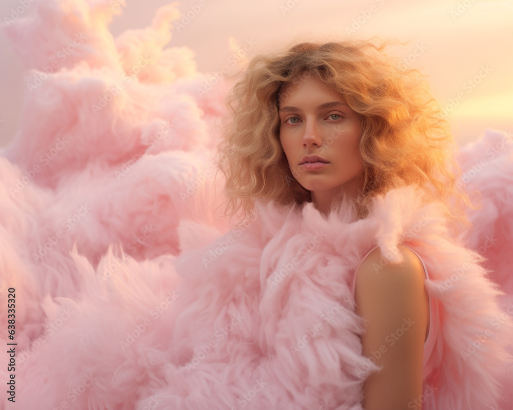 Futuristic beautiful portrait of a blonde woman in a surreal dreamy cloud punk setting with a huge oversized pink fur jacket on the pastel beach. 