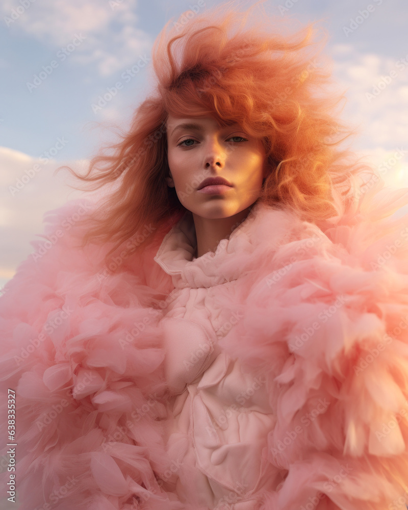 Futuristic beautiful portrait of a blonde woman in a surreal dreamy cloud punk setting with a huge oversized pink fur jacket on the pastel beach. Futuristic beautiful portrait of a blonde woman in a surreal dreamy cloud punk setting with a huge oversized pink fur jacket on the pastel beach.