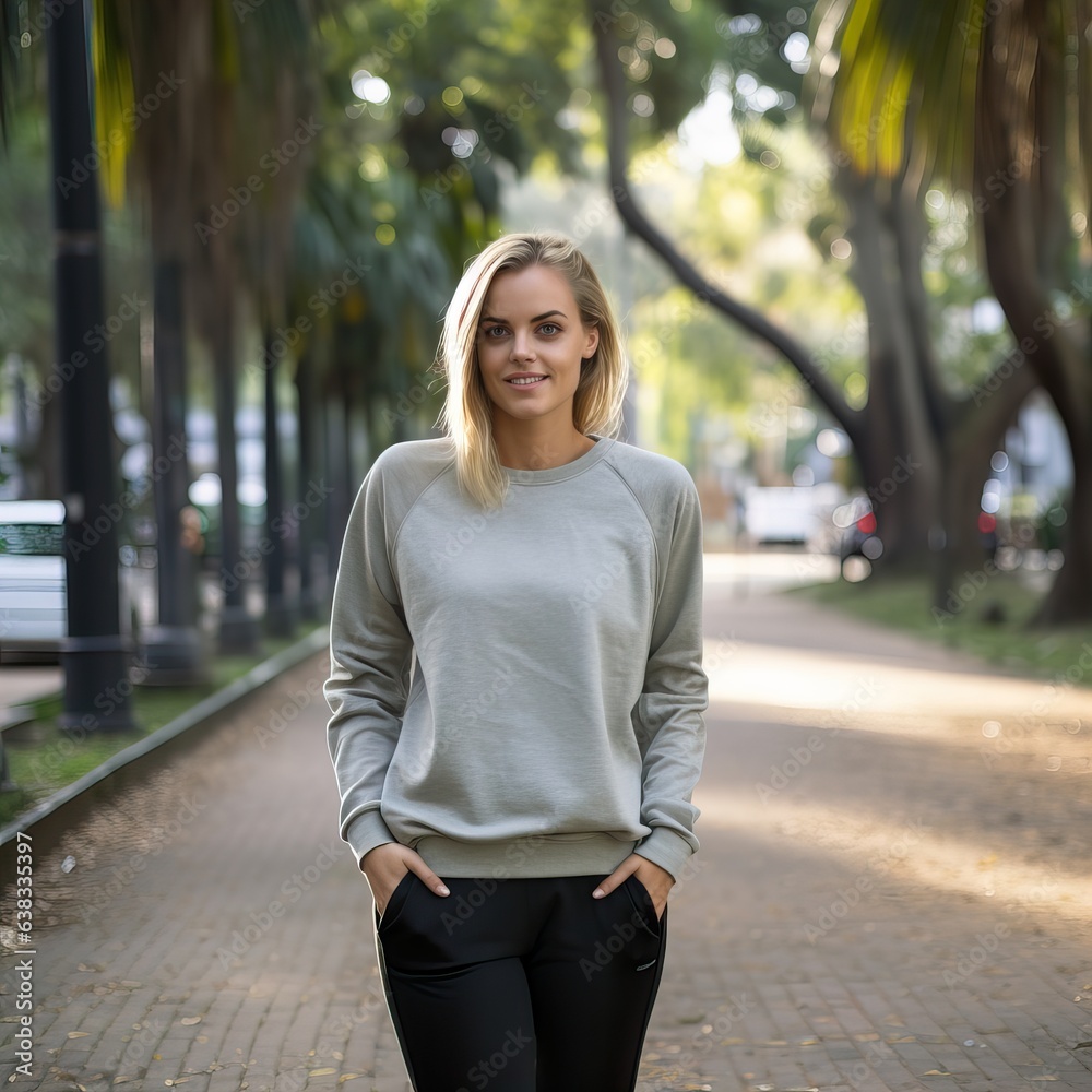 Beautiful young lady dressed in gray sweater, commercial sweatshirt mock-up, smiling blonde woman standing in the street Beautiful young lady dressed in gray sweater, commercial sweatshirt mock-up, smiling blonde woman standing in the street