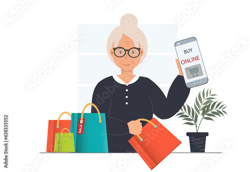 An elderly woman, grandmother doing online purchase with smartphone, online shopping concept, domestic life concept, flat vector illustration