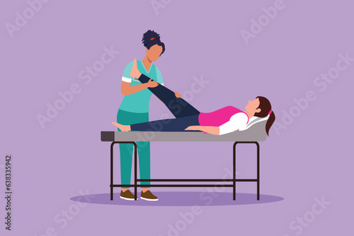 Character flat drawing of therapist helping woman patient to raise leg for exercise. Physical therapy treatment. Rehabilitation center. Passive and active exercise. Cartoon design vector illustration