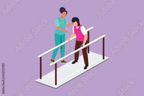 Character flat drawing of isometric doctor physiotherapist helping female patient using leg prosthesis to take first step. physical therapy people with disabilities. Cartoon design vector illustration