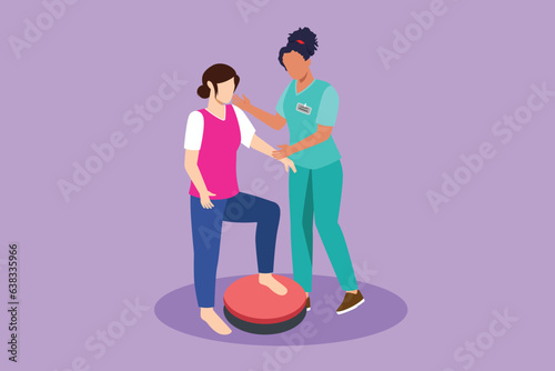 Graphic flat design drawing woman therapist helping young female patient stepping up the stairs, medical rehabilitation, physical therapy activity in city hospital. Cartoon style vector illustration