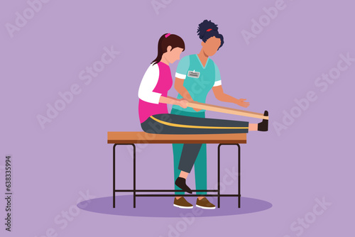 Graphic flat design drawing people massage professional relax therapy, medical health, female masseur. Woman sitting on couch, medicine wellness therapist specialist. Cartoon style vector illustration
