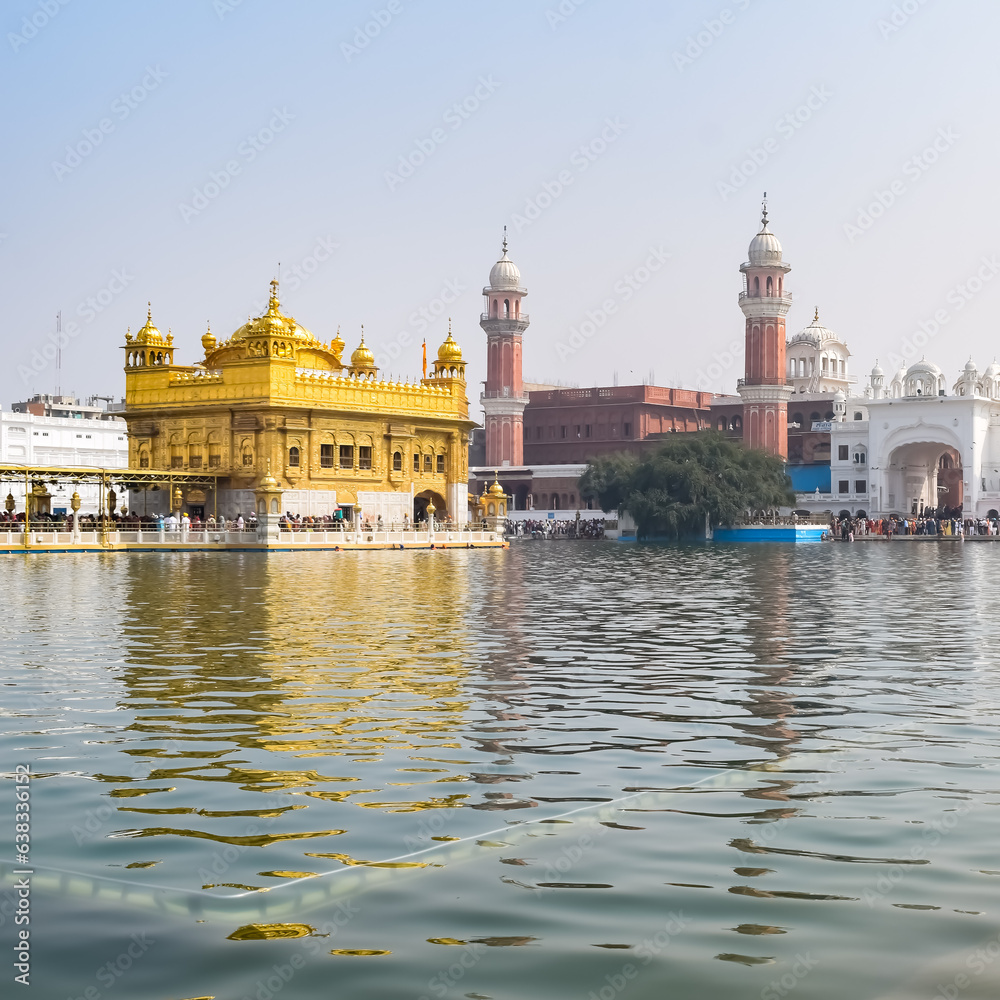 Beautiful view of Golden Temple (Harmandir Sahib) in Amritsar, Punjab, India, Famous indian sikh landmark, Golden Temple, the main sanctuary of Sikhs in Amritsar, India Beautiful view of Golden Temple (Harmandir Sahib) in Amritsar, Punjab, India, Famous indian sikh landmark, Golden Temple, the main sanctuary of Sikhs in Amritsar, India