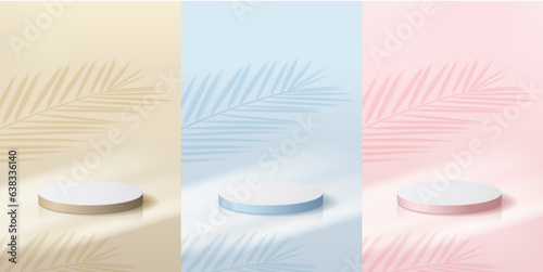 3D set of beige, blue, and pink. realistic podium background with light and shadow of plants on floor for product presentation.