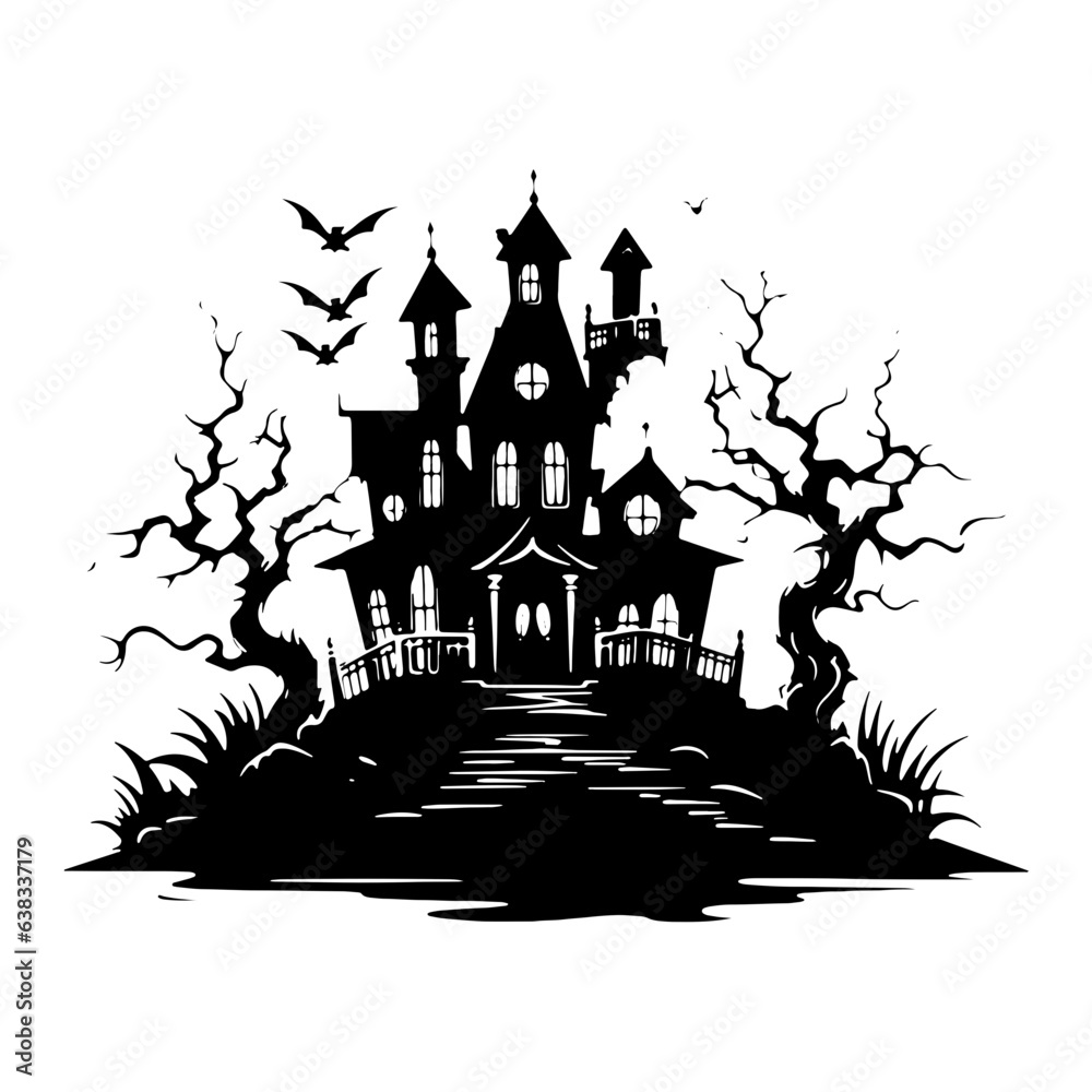 black silhouettle of haunted house, Halloween, ghost, Ai generartd