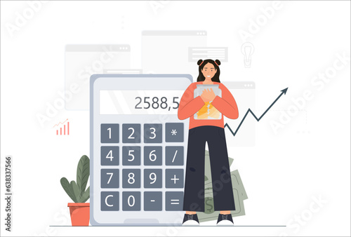 Person with big calculator, earning money in internet, online money transfer, payments, money savings, calculating of finances, taxes, audit, financial education, flat vector illustration