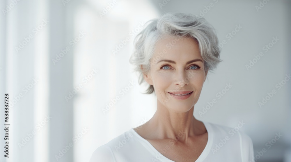 Graceful Aging: A Spa Inspired Portrait of a smiling attractive older woman on a white background, senior citizen healthy aging concept - obrazy, fototapety, plakaty 