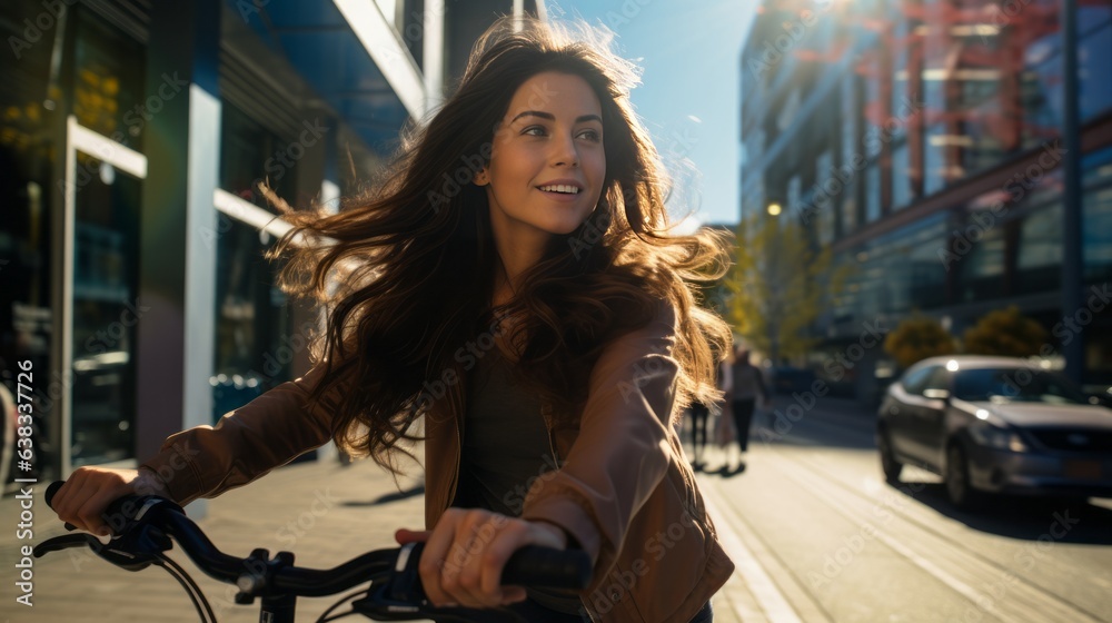 Photo of brunette young woman riding her bicycle on a city street in Autumn during golden hour