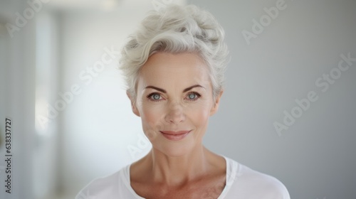 Graceful Aging: A Spa Inspired Portrait of a smiling attractive older woman on a white background, senior citizen healthy aging concept