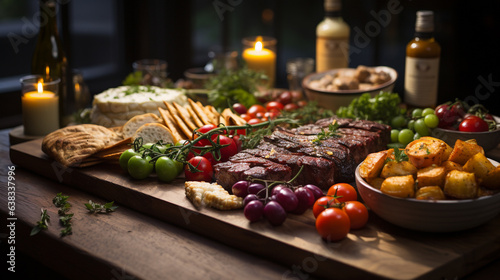 Festive appetizers with a spread of comfort food, well decorative in warm and inviting mood and tone with warm lighting, collection of delicious food background
